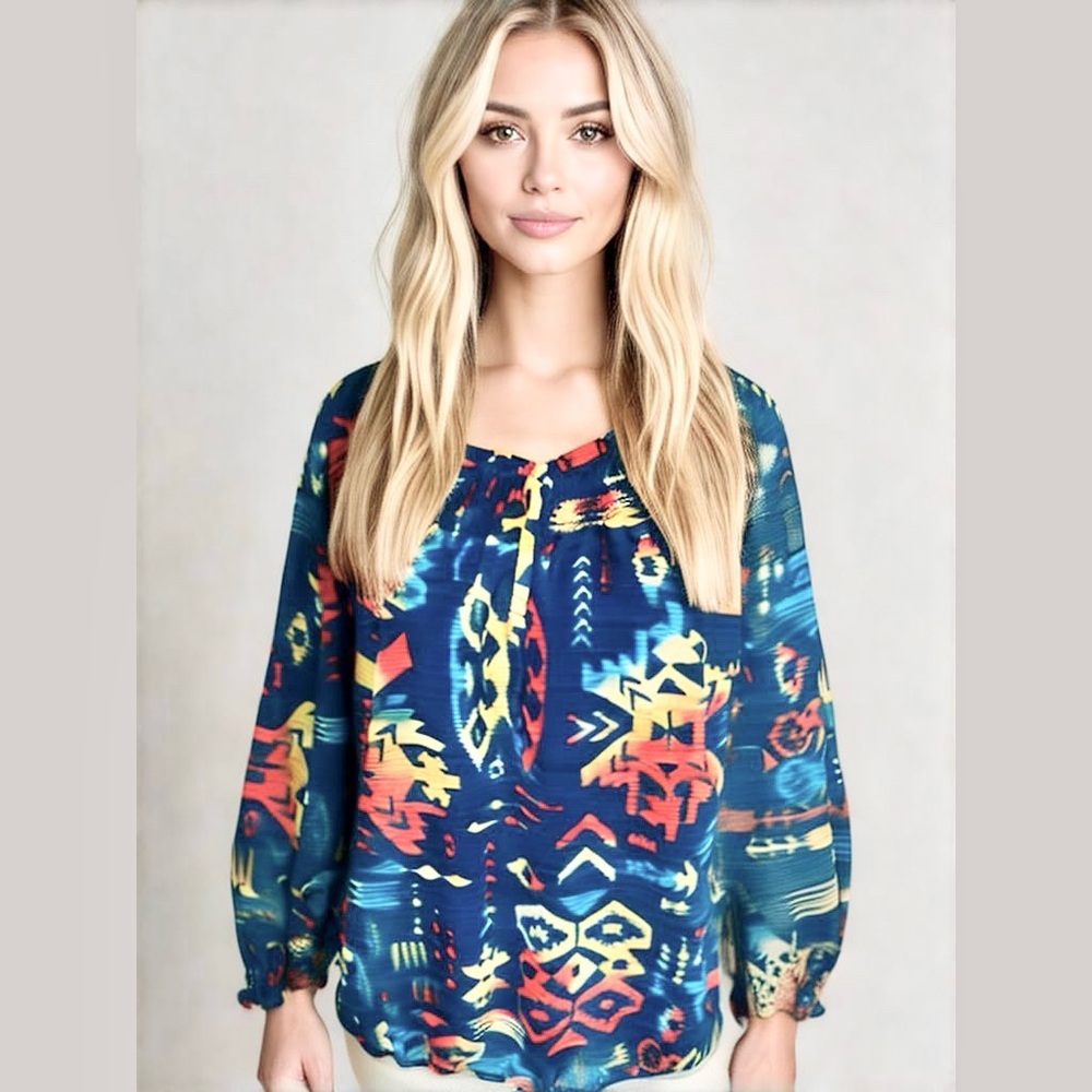 Chico’s Multi Colored Semi Sheer 3/4 Sleeve Tunic Top Size 1 Reg 8/10 Med